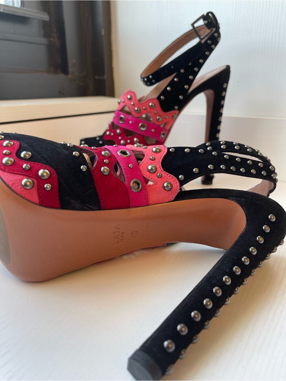 Alaia Black, Pink and Red Scalloped Studded Platform Sandals - Picture 7 of 12